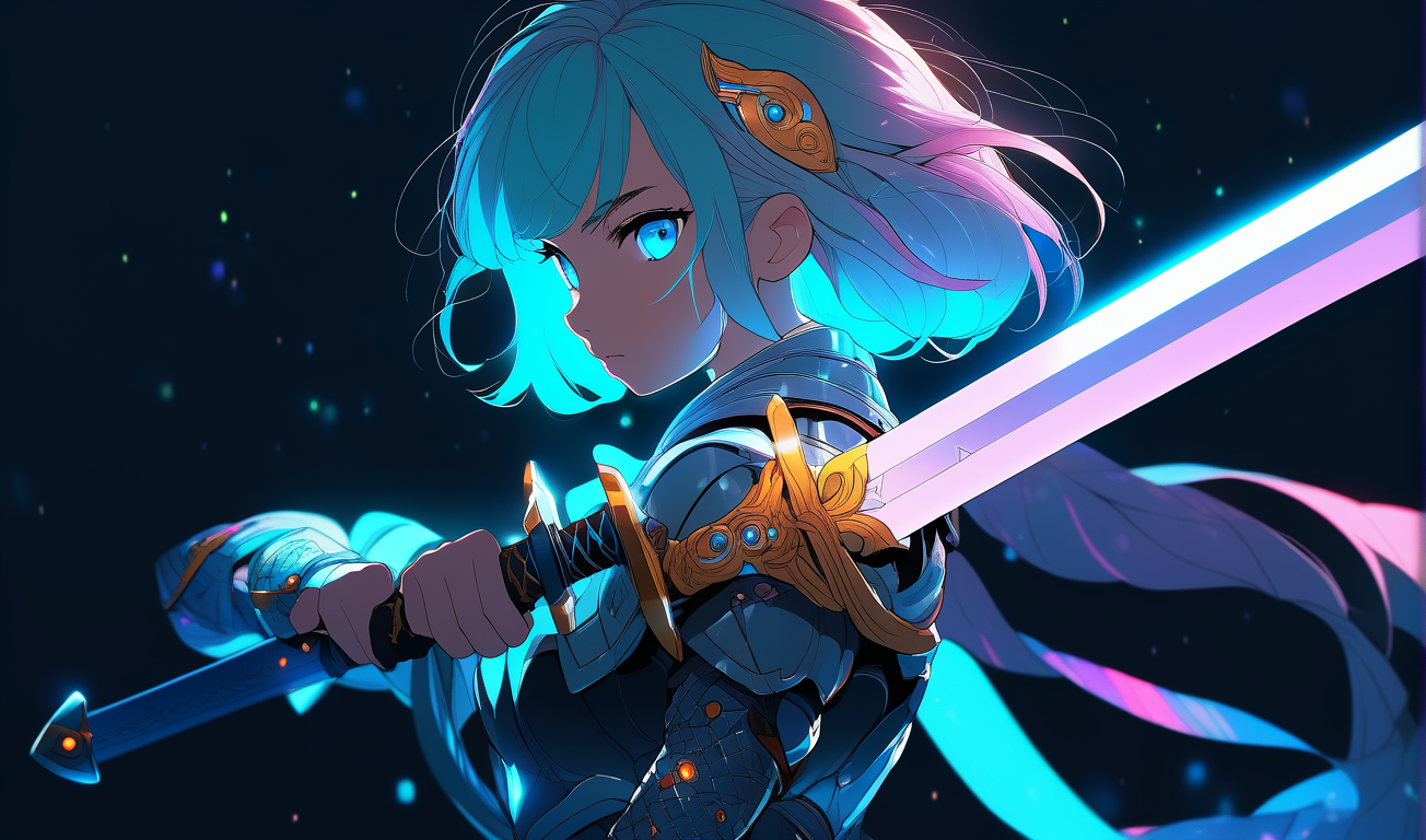sword focus, cute, masterpiece, best quality, 1girl, solo, futuristic, intricate sword, looking at viewer, black background, simple background, glow in the dark, sci-fi, multicolored hair, aqua eyes, warrior
