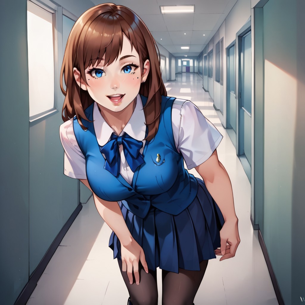 score_9, score_8_up, score_7, aesthetic, expressive, source_anime, celshaded, BREAK, 
1girl, shiny, young, long brown hair, bangs, soft blue eyes, beauty mark, lips, slight blush, smile, open mouth, tounge out, looking at viewer, leaning forward, dress shirt, vest, bow, pleated skirt, medium breasts, black shoes, 
warm lighting, school hallway, 
rich color, vibrant, indoors, depth of field,