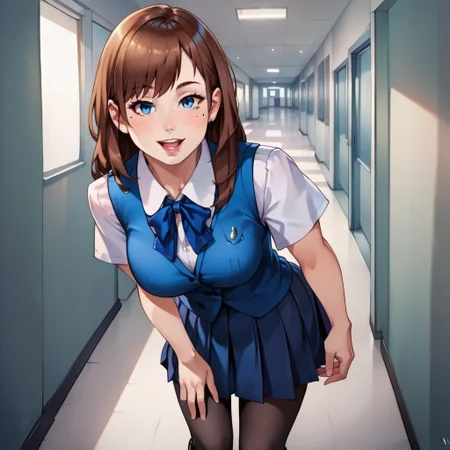 score_9, score_8_up, score_7, aesthetic, expressive, source_anime, celshaded, BREAK, 
1girl, shiny, young, long brown hair, bangs, soft blue eyes, beauty mark, lips, slight blush, smile, open mouth, tounge out, looking at viewer, leaning forward, dress shirt, vest, bow, pleated skirt, medium breasts, black shoes, 
warm lighting, school hallway, 
rich color, vibrant, indoors, depth of field,