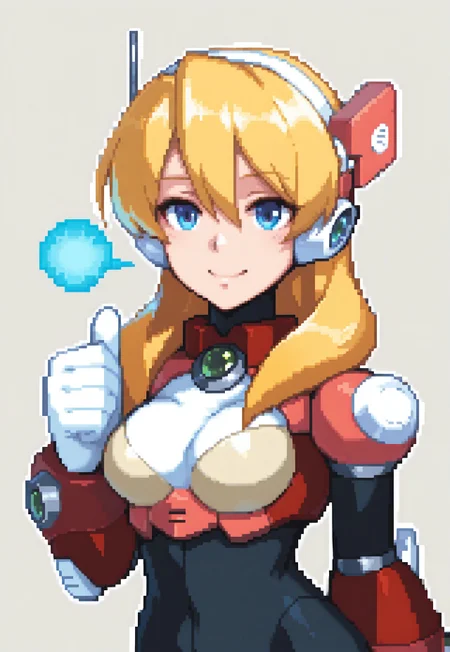 Masterpiece, best quality, 1girl, solo, blonde hair, blue eyes, hair between eyes, hair over shoulder, robot ears, headgear, armor, bodysuit, breastplate, white gloves, smile, signal, thumbs up Harusuee, futuristic, hologram,  <lora:merged_pixel_base_model_svd:1>