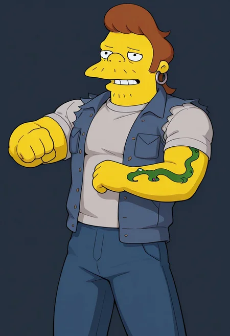 core_9, score_8_up, score_7_up, score_6_up, score_5_up, score_4_up, detailed background, detailed face, snake jailbird, simpsons style, brown hair, snake tattoo on right arm, light stubble, man, muscular, earring in ear, snub nose, gray t-shirt, blue vest