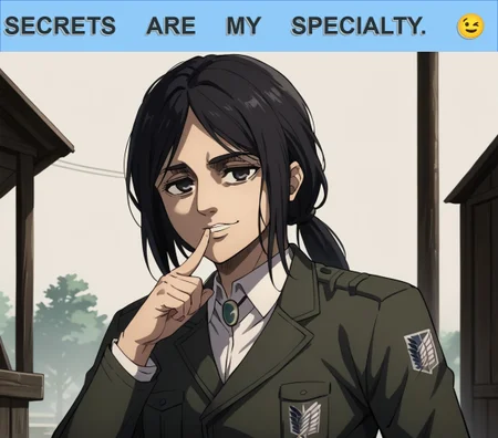 score_9_up, score_9, score_8_up, score_7_up, rating_explicit, leaning forward, smirk, half-closed eyes, shushing, finger to mouth, outdoors, 1girl, solo, upper body, source_anime, girl 5hu5hing, Pieck Finger, 25 years old female, adult, Long, unkempt black hair, Dark eyes, Oval face, Tanned skin, Low ponytail, Cart Titan appearance: quadrupedal form, Cart Titan appearance: armored face, Cart Titan appearance: large mouth, Wears the standard Marley military uniform, Often seen with a weary expression, 1girl, pieck, black hair, long hair, black eyes
