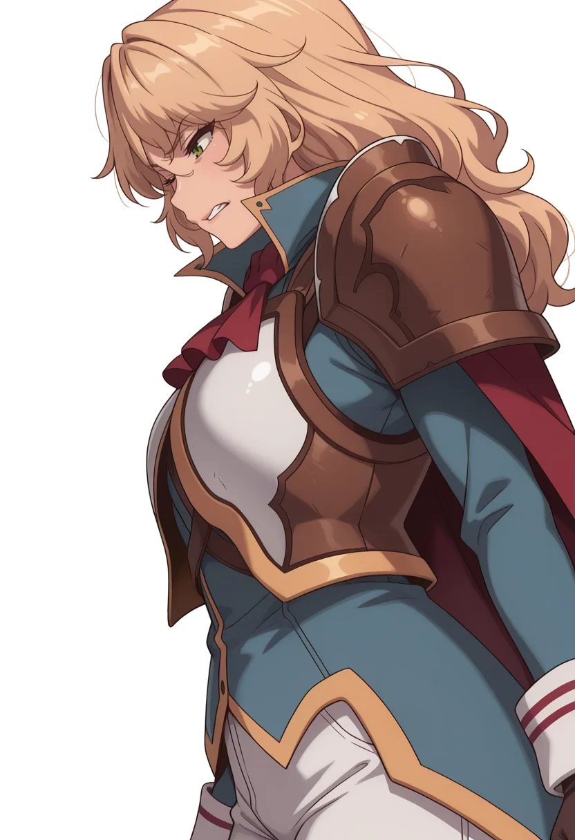 Smooth Quality,masterpiece,very intricate, high quality details, ultra realistic, high detailed skin,detailed enviorement,absurdres,
simple background, white background,
,from side,grimace,wince,
<lora:Blade_cnn:0.8>
bladecnn,1girl, blonde hair, green eyes, long hair,
armor, uniform, long sleeves, gloves, white pants, ascot,shoulder armor,
cape, coat,