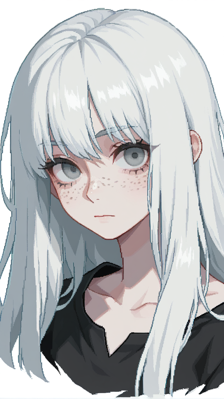 1girl, solo, long_hair, looking_at_viewer, bangs, simple_background, shirt, white_background, closed_mouth, upper_body, white_hair, grey_eyes, black_shirt, freckles, cropped_torso