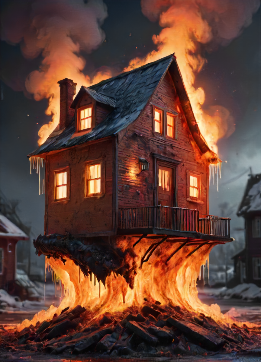 depiction of a house made out of glowing hot iron ridden by a cold nitrogen tornado, intricate, detailed,  <lora:- SDXL - frzrenit_red_hot_nitro_V2.0:.8>