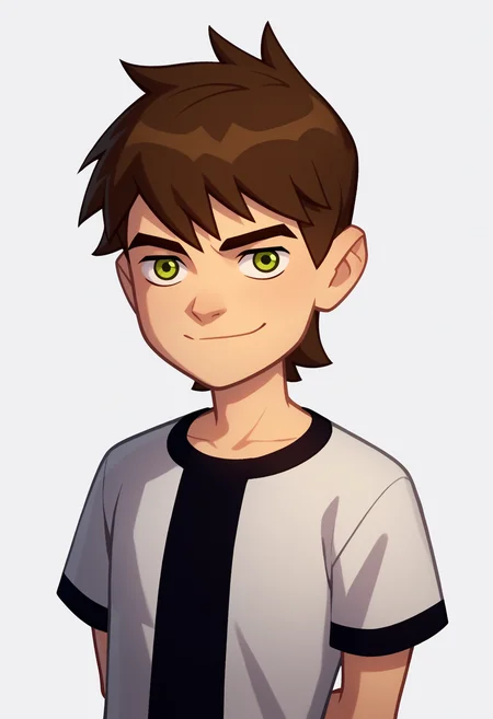 score_9, score_8_up, score_7_up, BREAK
1boy, bentennyson, brown hair, green eyes,
green cargo pants, shirt,
arms behind back, upper body, smile, looking at viewer, solo, simple background, white background <lora:Ben10XL_byKonan:1>