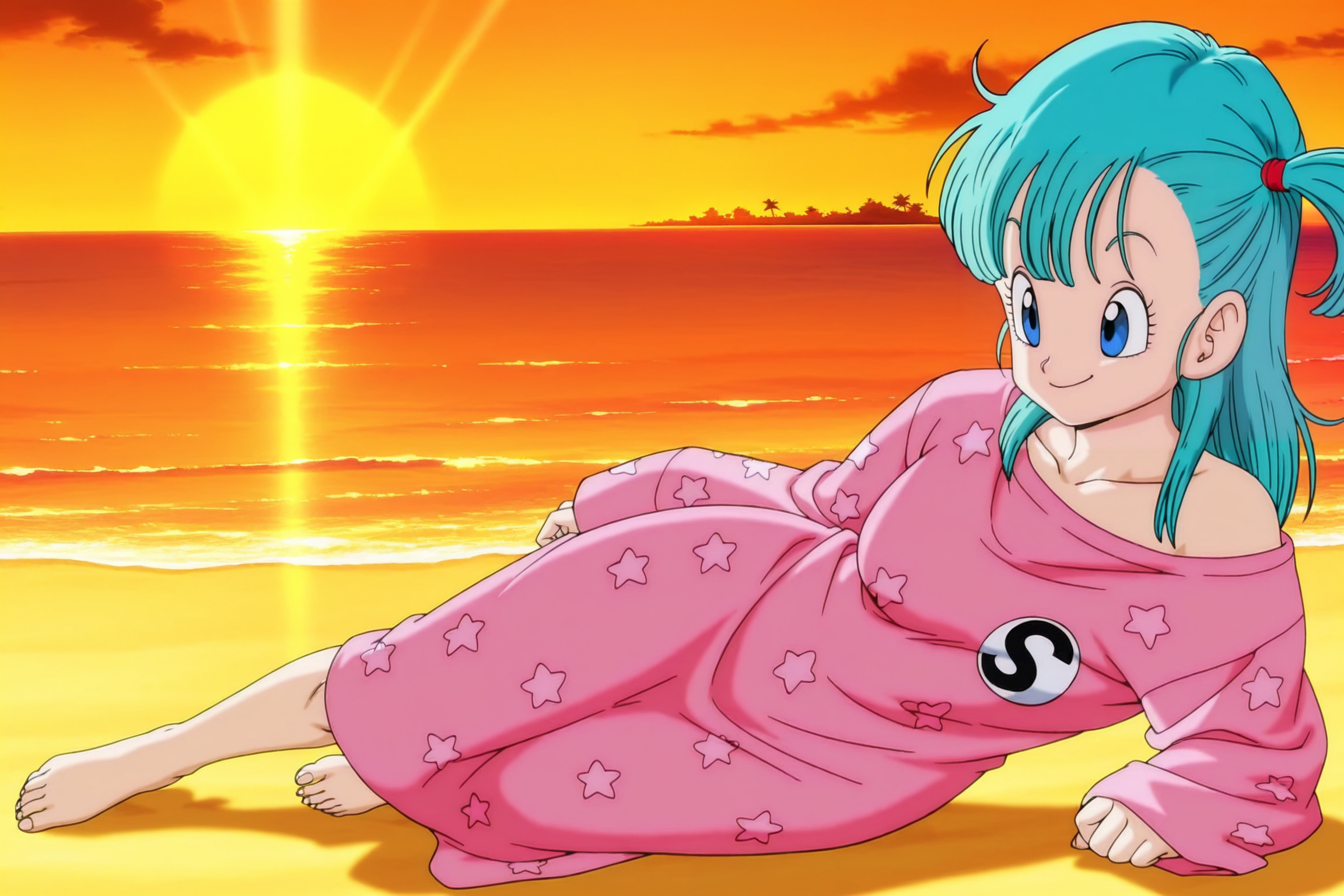 anime screencap, absurdres, high quality,
bulma, dragon ball \(classic\), long shirt outfit, blue eyes, aqua hair, one side up, red scrunchie, shoulder length hair, long shirt outfit, long shirt, long sleeves, star \(symbol\), sleeves past wrists, oversized clothes, oversized shirt, barefoot, pink pajamas, pajamas, collarbone, logo print, lying, on side, beach, sunset, ocean, barefoot, toenails, the pose, arm support, smile, light ray, dappled sunlight, 
 <lora:Bulma_IL:0.8>