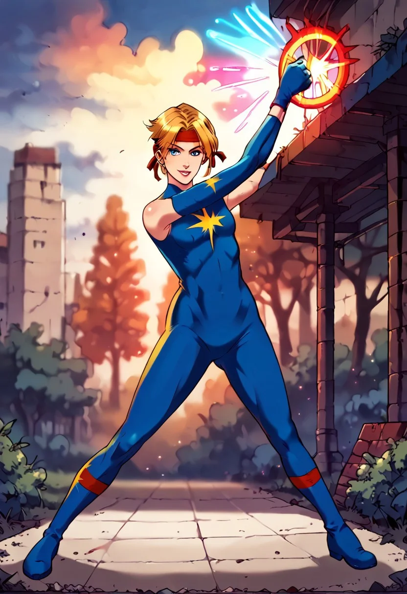facing forward, full body, looking at viewer, blonde hair, medium hair, blue eyes, red headband, star emblem, one long sleeve, blue gloves, uneven gloves, 1girl, score_9, score_8_up, score_7_up, western cartoon, neon lighting, very detailed, depth of field, cinematic illumination, volumetric lighting, full color picture, vibrant colors, solo, alone, skinny, small bust, action pose, stretching, park, empty field, smile,