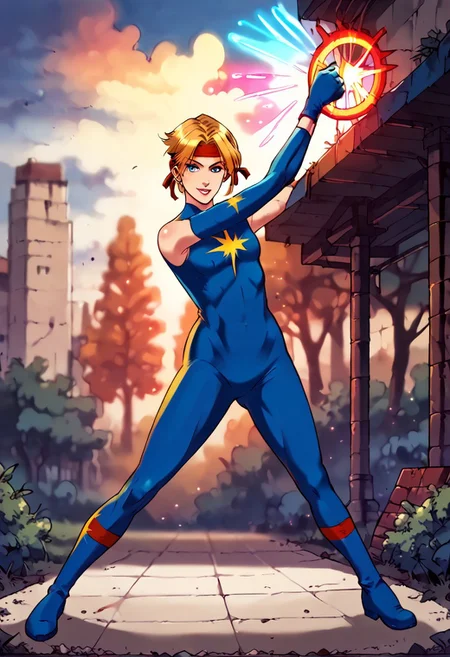 facing forward, full body, looking at viewer, blonde hair, medium hair, blue eyes, red headband, star emblem, one long sleeve, blue gloves, uneven gloves, 1girl, score_9, score_8_up, score_7_up, western cartoon, neon lighting, very detailed, depth of field, cinematic illumination, volumetric lighting, full color picture, vibrant colors, solo, alone, skinny, small bust, action pose, stretching, park, empty field, smile,
