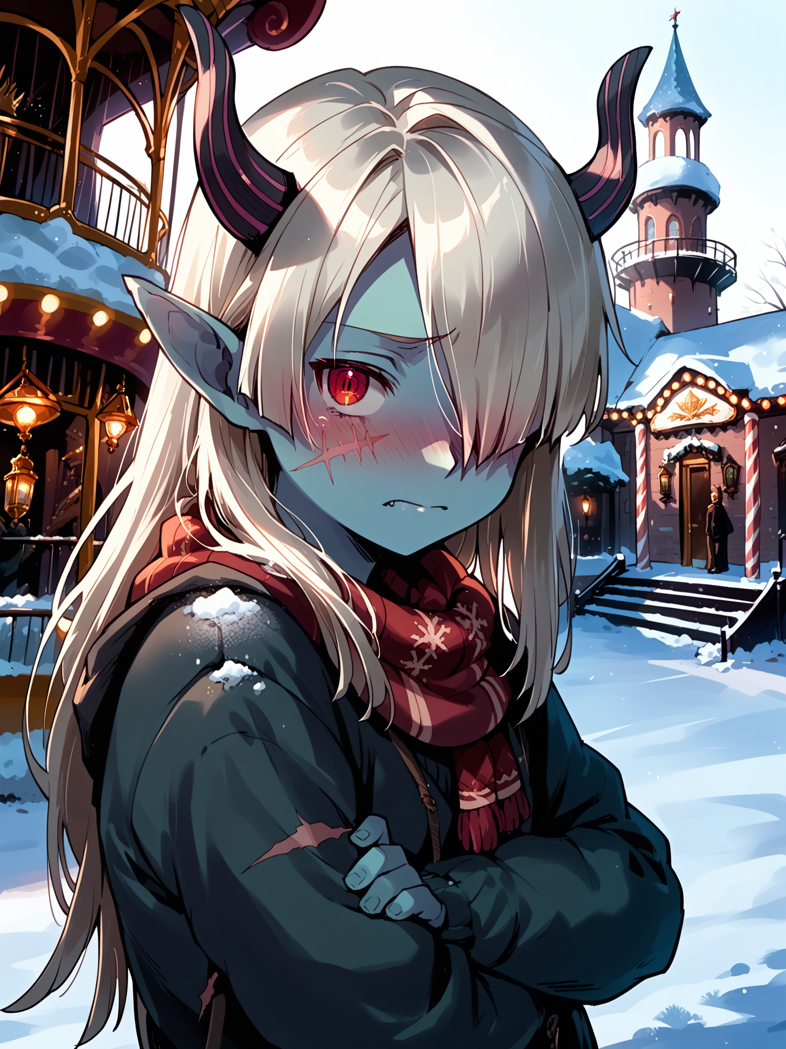 (upper body, solo:1.1) <lora:happy_tentacle-necromancer-v0.3-000037:1>, ht_necromancer, colored skin, horns, scar on leg, scar on stomach, scar on cheek, (petite:1.2), <lora:Shed_The_Skin's StS_age_slider_v1_initial_release:-1.2> ( :1.1) ( ( head tilt :0.8) , , (embarrassed :1.2) , , (looking at viewer:0.6) :1.2) , outdoors, vegetation, ( :1.1), winter, snow , (dusk :0.6), , (:0.5), people , (gothic architecture :0.8), (amusement park:1.2), (roller coaster:1.3), carousel, drop tower, pendulum ride, (( from side :1.3) :0.8) score_9, score_8_up, score_7_up, score_6_up, score_5_up, score_4_up, ( [(realistic, photorealistic:1.3):(realistic:1.2):16] [(3d:1.2)::14] :1) <lora:LUUNA's Lunas-NijiJourney-SDXL-B2:0.35>, nijijourney <lora:prgfrg23's Counterfeit-V3.0 Style SDXL_LoRA_Pony Diffusion V6 XL:0.5> <lora:mfcg's mfcgXL:0.12> <lora:reweik's gyokai(himehajime)_PonyXL_style_v01:0.14>