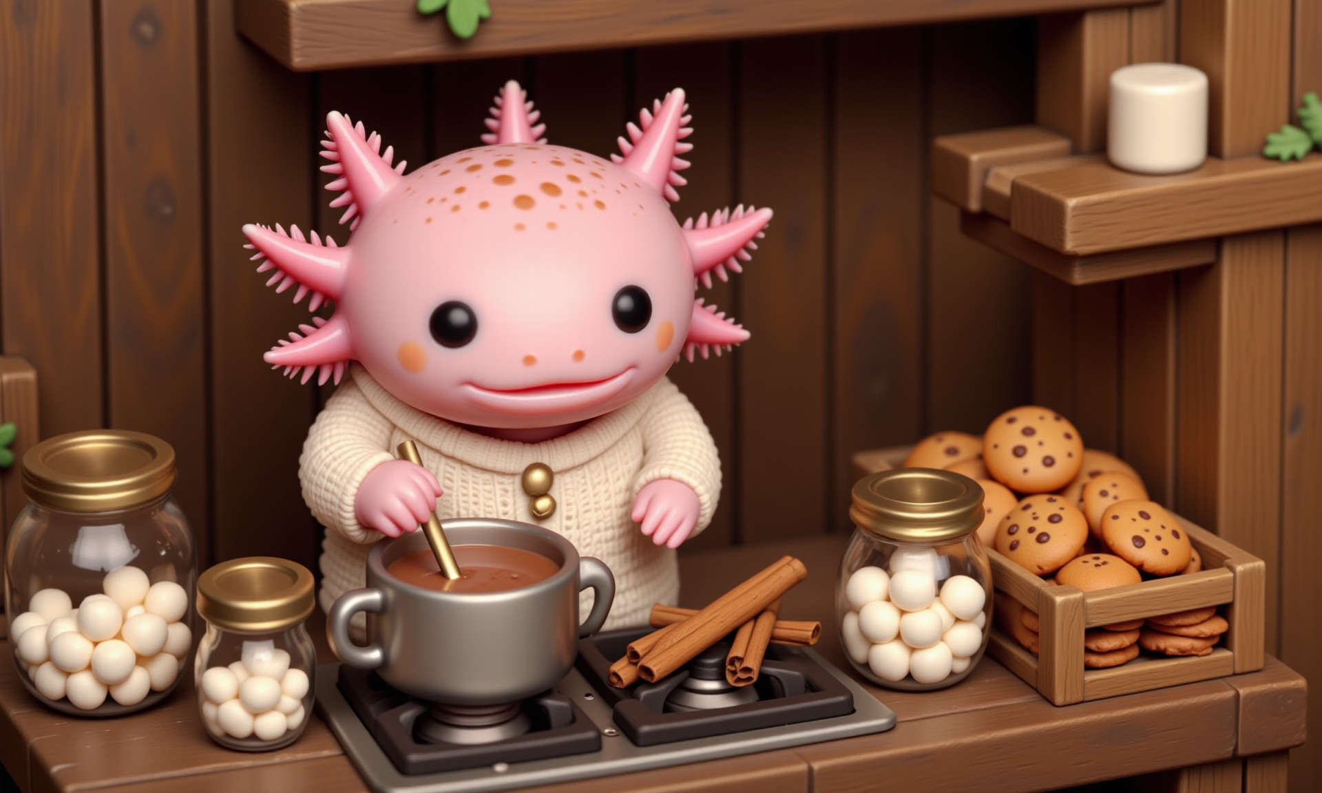 top down tilt shift image of tiny cute anthropomorphized axolotls with pink frilly gills and round black eyes,  close-up of a pink axolotl in a tiny cabin kitchen, bundled in a knitted sweater and standing by the stove, stirring a pot of hot cocoa; its round black eyes are relaxed, and its frilly gills sway with the movement of the spoon; small jars of marshmallows, cinnamon sticks, and a tray of holiday cookies sit on the counter, with the tilt-shift effect blurring the rustic wood-panel walls, creating a warm, nostalgic feel of a holiday kitchen filled with delicious aromas<lora:Axomodel_Flux_V2.safetensors:1.0:1.0> <lora:isometric.safetensors:1:1>