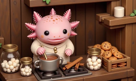 top down tilt shift image of tiny cute anthropomorphized axolotls with pink frilly gills and round black eyes, close-up of a pink axolotl in a tiny cabin kitchen, bundled in a knitted sweater and standing by the stove, stirring a pot of hot cocoa; its round black eyes are relaxed, and its frilly gills sway with the movement of the spoon; small jars of marshmallows, cinnamon sticks, and a tray of holiday cookies sit on the counter, with the tilt-shift effect blurring the rustic wood-panel walls, creating a warm, nostalgic feel of a holiday kitchen filled with delicious aromas<lora:Axomodel_Flux_V2.safetensors:1.0:1.0> <lora:isometric.safetensors:1:1>