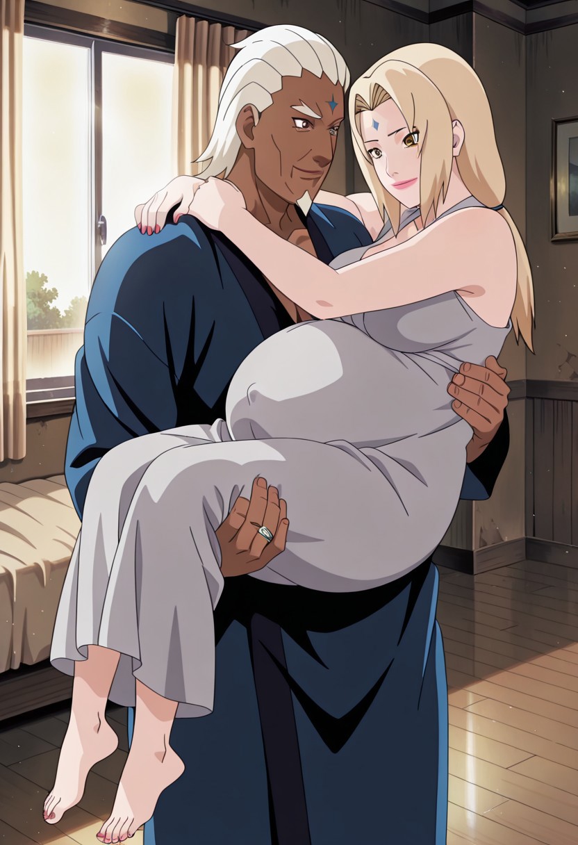 masterpiece, best quality, absurdres, highres, anime screenshot, anime coloring, tsunade, mature female, blonde hair, forehead mark, brown eyes, lipstick, large breast, BREAK fourth raikage, 1boy, white hair, hetero, dark skin, facial hair, dark-skinned male, manly, muscular, BREAK (anime screenshot:1.1), (soft cel-shading:1.2), (line art:1.2), (natural anime shading:1.1), (anime background:1.1), soft lighting, cinematic portrait,   (mature face:1.3), (solo:1.3), wedding ring, (((1girl:1.4), (1boy:1.4), (pregnant:1.5), (princess carry:1.5), (close embrace:1.3), (holding belly:1.3), (soft fabric:1.3), (long dress:1.3), (bare feet:1.3), (intimate moment:1.3), (gentle expression:1.3), (warm lighting:1.3), (bedroom setting:1.2), (flowing curtain:1.2), (peaceful atmosphere:1.2), a man gently lifts a pregnant woman into his arms, her body nestled close to his as one of her hands rests protectively over her belly, her bare feet dangle softly in the air, toes relaxed as they sway above the floor, her dress drapes over his arms in flowing folds, sunlight pouring through the nearby window casting golden lines across their quiet embrace, the room hushed and filled with warmth as she leans into him without hesitation. tender pregnancy romance, soft indoor light, quiet elegance,, detailed background, source_anime, dynamic angle
