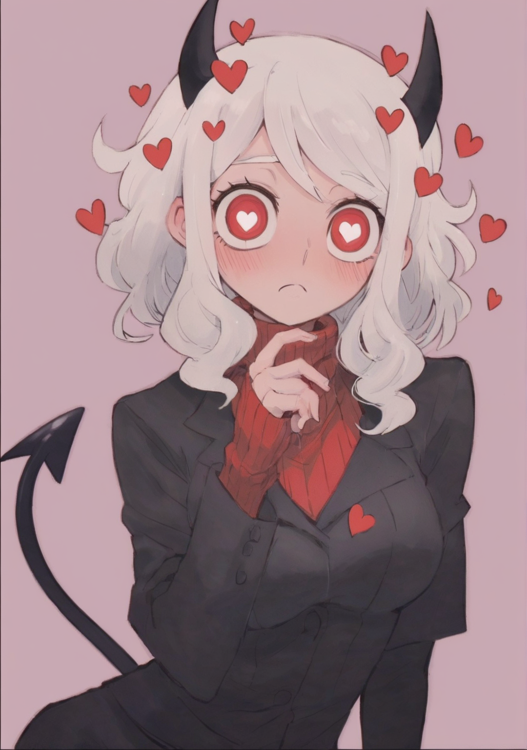 Score_9, Score_8_Up, Score_7_Up, Score_6_Up, Score_5_Up, Score_4_Up, anime screencap, upper body, 
 <lora:Modeus (Autism SDXL):0.8> 1girl, modeus (helltaker), heart-shaped pupils, heart, horns, red eyes, white hair, sidelocks, red sweater, black jacket, black skirt,
<lora:noah style:1> noaharbre
