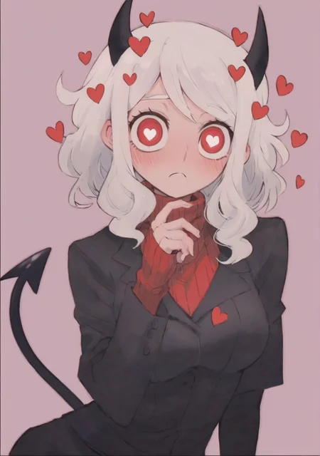 Score_9, Score_8_Up, Score_7_Up, Score_6_Up, Score_5_Up, Score_4_Up, anime screencap, upper body, 
 <lora:Modeus (Autism SDXL):0.8> 1girl, modeus (helltaker), heart-shaped pupils, heart, horns, red eyes, white hair, sidelocks, red sweater, black jacket, black skirt,
<lora:noah style:1> noaharbre