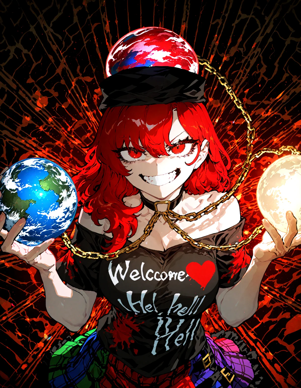 1girl, solo, hecatia_lapislazuli , soft lighting, grin , looking at viewer, pov,chain, choker, earth_(ornament) , hair_between_eyes, hat, moon_(ornament) , teeth, underworld_(ornament) , v-shaped_eyebrows, incoming attack,
, ssambatea, quasarcake, Fishine,optical illusion,
masterpiece, best quality, amazing quality, very aesthetic, absurdres, newest, (volumetric lighting),
<lora:cfg_scale_boost:0.5>, <lora:ponyv5_noobE11_1_adamW:0.5>, <lora:illustrious_noobai_epsilon_pred_1_best_quality_v1:0.5> ,<lora:illustrious_noobai_epsilon_pred_1_masterpieces_v1:0.5> ,<lora:illustrious_noobai_epsilon_pred_11_very_aesthetic_v1:0.5>
