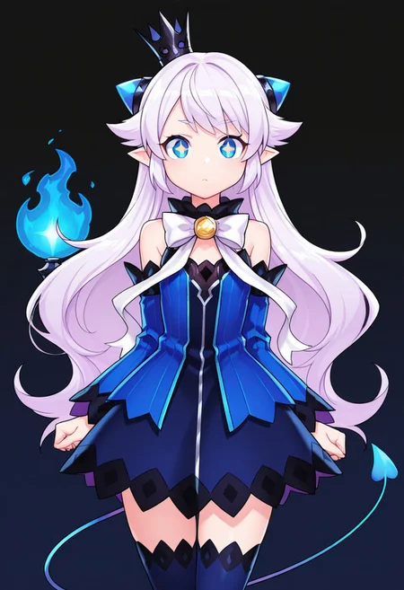 (masterpiece, best quality, highres, very aesthetic, very awa), 1 girl, Lubase, ElsLuBase, white hair, long hair, blue eyes, lu eyes, + +, pointy ears, lubase thighhighs, detached sleeves, lubase sleeves, lubase tail, LuBase dress, mini crown, LuBase bow, close up, looking at viewer, dark background