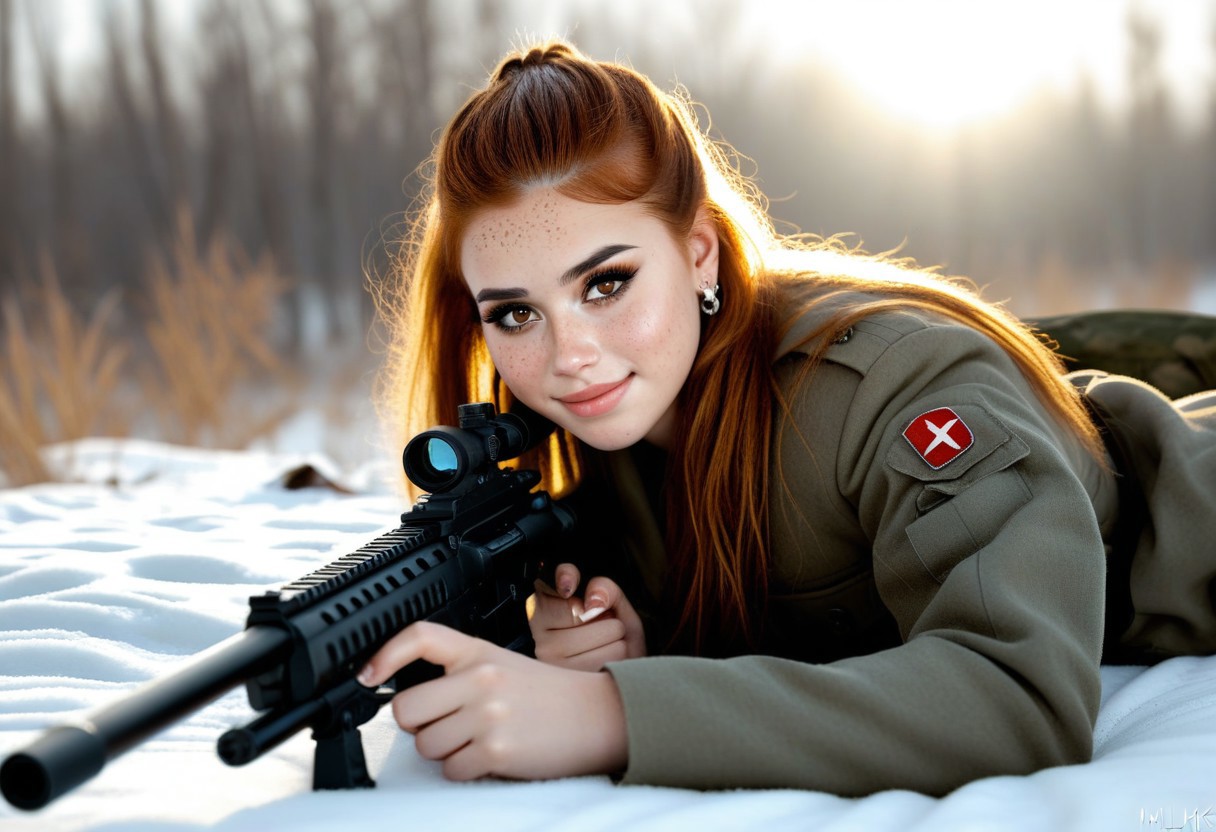 40% desaturated colours, realistic photo, photorealistic, 24yo busty M4L4K posing outdoor, various long hairstyles, freckles, perfect proportions, (big breasts), deep cleavage, wear uniform, winter season environment, (8k) (HDR)