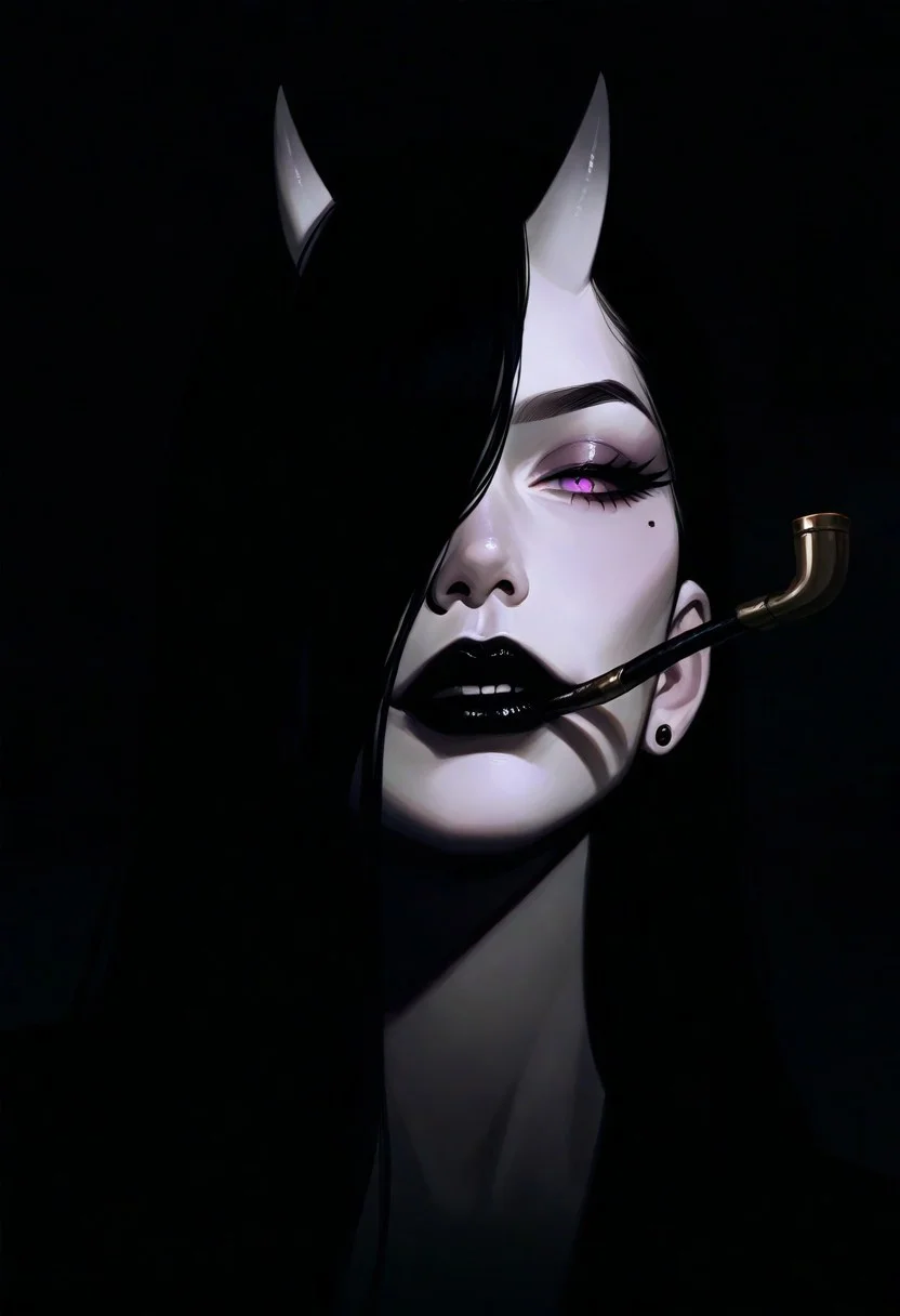 masterpiece, best quality, good quality, very awa, very aesthetic, absurdres, newest, 1girl, solo, a pale Oni girl, smooth Oni horns, longhair, looking at viewer, black hair, solo, long hair, teeth, hair over one eye, fingernails, eyelashes, full lips, mole under eye, Pale skin, upper teeth only, makeup, half-closed eyes, mouth hold portrait, lipstick, facing viewer, close up, smoking pipe, nose, smoking, stud earrings, black lips, mascara, lighter, teeth hold, realistic, Cinematic Lighting, sexy smirk