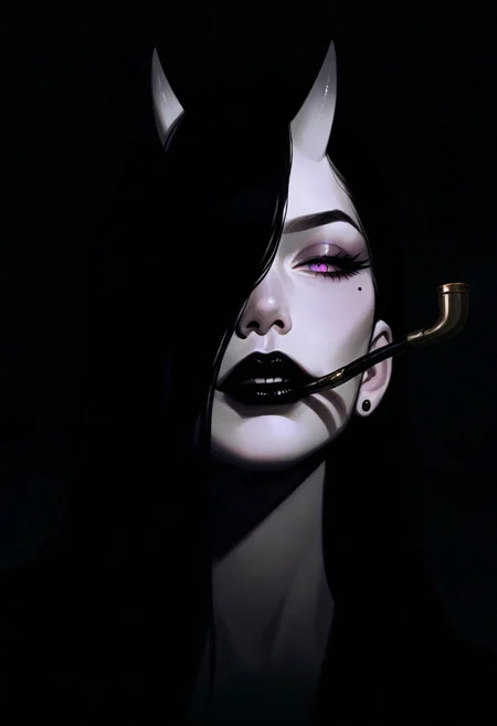 masterpiece, best quality, good quality, very awa, very aesthetic, absurdres, newest, 1girl, solo, a pale Oni girl, smooth Oni horns, longhair, looking at viewer, black hair, solo, long hair, teeth, hair over one eye, fingernails, eyelashes, full lips, mole under eye, Pale skin, upper teeth only, makeup, half-closed eyes, mouth hold portrait, lipstick, facing viewer, close up, smoking pipe, nose, smoking, stud earrings, black lips, mascara, lighter, teeth hold, realistic, Cinematic Lighting, sexy smirk