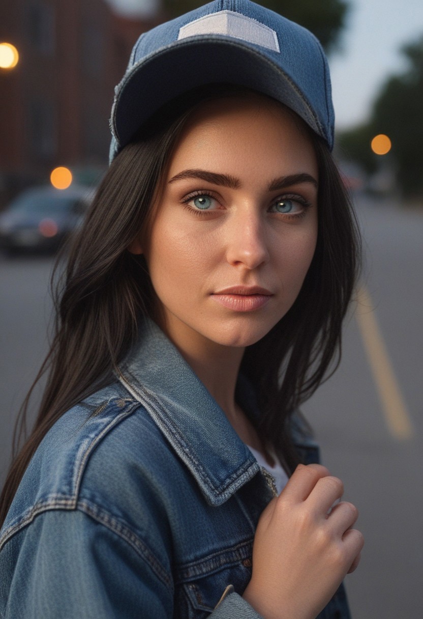 30yo woman holding an American flag.
Blue eyes. perfecteyes 
Wearing Denim jacket trucker hat. 
Long dark black slick back hair. No makeup. Dusk, Street light. Looking at camera POV. Slight smile, tilting head.. Tilt head.
Medium Close Up shot. Bokeh. Bokeh light.