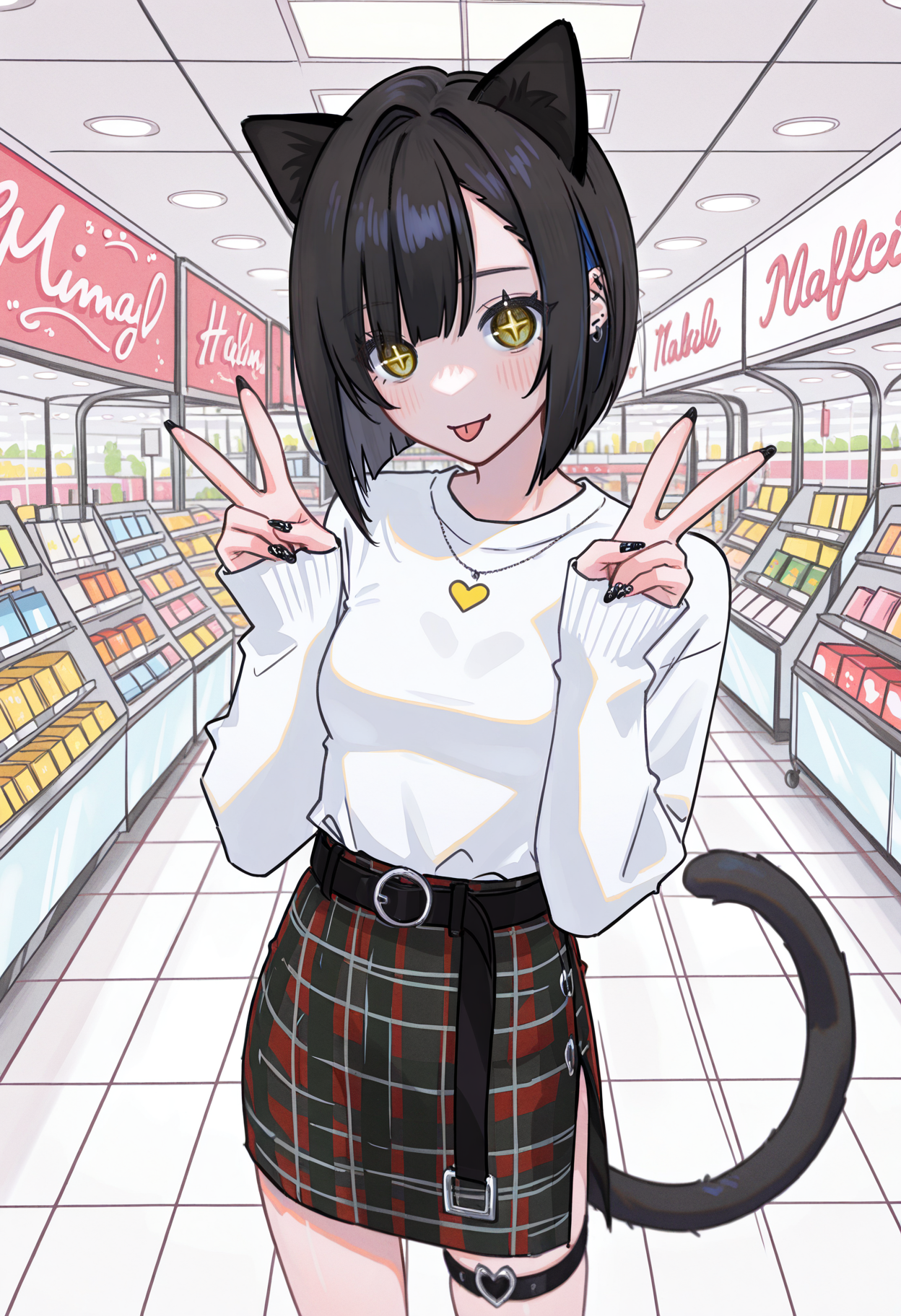 lineart, pencil art,
solo, cowboy shot, shopping mall,
1girl, catgirl, skinny, bob hair, asymmetrical bangs, black hair, black cat ears, black cat tail, yellow eyes, dark circles under the eyes, small breasts,
tongue out, v, double v, looking at viewer, + +, :p, symbol-shaped pupils, smile,
thigh strap, long sleeves, black nails, nail polish, white shirt, plaid skirt,
<lora:hamafuguIL-style:1.2>,hamafugustyle,
