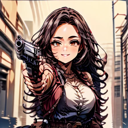 (masterpiece:1.4), high quality, high definition, sharp focus, detailed face, anime, best quality, 4k, 8k, absurd resolution, intricate detail, detailed hands, detailed eyes, animation, illustration, highly detailed, highres, extremely detailed, <lora:ETO_OCC002:0.7> ETO_OCC, black hair, curly hair,longhair, thick eyebrows, <lora:hyperdenoiser_v090:0.6>, (looking at viewer:1.6), (plump), (hazel eyes:1.3), <lora:mesugaki-10:0.5>, smiling,  smug, <lora:ETO_OC:0.2> ETO-OC, <lora:sensualface_type1:0.5>, seductive smile,  <lora:perfetfingers:1>, OverallDetail, Illust-InstaFilter, edgQuality, Earth-QualityPos, BodyPositive, Best_QualityPos, colt, belt, cowgirl, saloon, leather, cartridge, holsters,  <lora:Armed_Cowgirls:0.8>, weapon, (gun:1.5),  <lora:AppleCheek:0.7> applecheek, aiming at viewer,<lora:aimingAtViewer_v1:0.6> aiming at viewer, handgun, holding pistol <lora:aimingpistol-09:1> aimingpistol, <lora:add_detail:1>