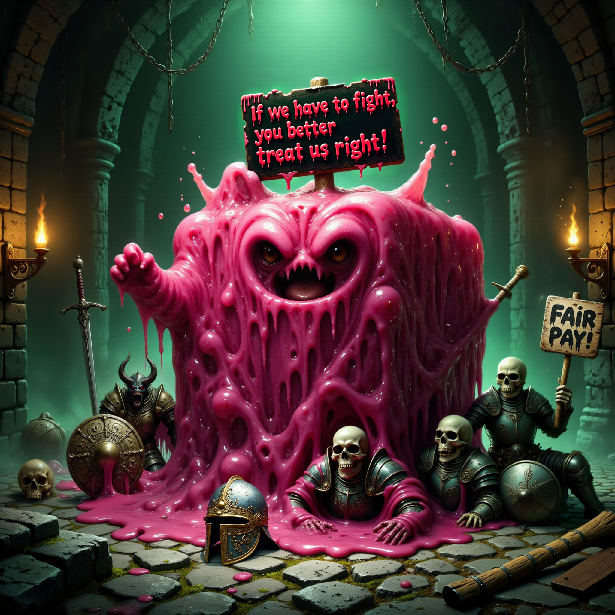 famous artwork, sfumato, epic composition following the rule of thirds, low angle view from below, extremely detailed award-winning masterwork fantasy-style oil painting, an atmospheric scene featuring a crimson red gelatinous cube on strike inside a dark, damp dungeon, the cube has a gooey appendage holding a strike sign with the words "If we have to fight, you better treat us right!" in dripping green, uneven lettering, surrounding the cube are other monsters - an angry kobold with crossed arms, a skeletal archer holding a picket sign with a broken arrow through it, and a snarling, horned demon, the dungeon is lit by flickering torches, casting long, dramatic shadows over the ancient stone walls and crumbling structures, rusty chains hang from the ceiling, and eerie green mist swirls at the floor level, the cube has engulfed adventurersâ gear, including swords, helmets, and shields, while the other monsters stand in solidarity with determined expressions, the overall scene feels tense yet oddly humorous as these fearsome creatures unite in protest, the dungeonâs grim atmosphere contrasts with the absurdity of the strike, highly detailed background, hud_dr1ppy, <lora:gelatinous_cube-flux-by_oneviolentgentleman:0.96> <lora:dripping_font-flux-by_headupdef:1.0>
