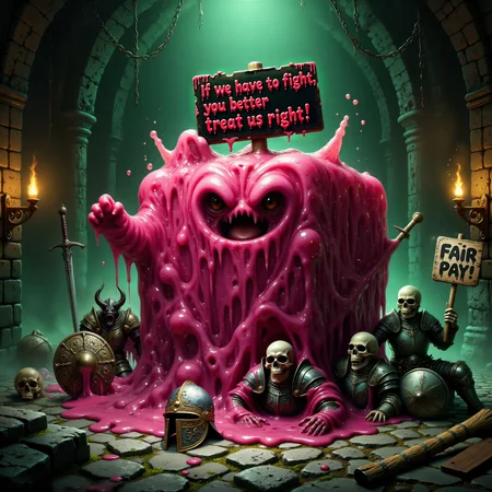 famous artwork, sfumato, epic composition following the rule of thirds, low angle view from below, extremely detailed award-winning masterwork fantasy-style oil painting, an atmospheric scene featuring a crimson red gelatinous cube on strike inside a dark, damp dungeon, the cube has a gooey appendage holding a strike sign with the words "If we have to fight, you better treat us right!" in dripping green, uneven lettering, surrounding the cube are other monsters - an angry kobold with crossed arms, a skeletal archer holding a picket sign with a broken arrow through it, and a snarling, horned demon, the dungeon is lit by flickering torches, casting long, dramatic shadows over the ancient stone walls and crumbling structures, rusty chains hang from the ceiling, and eerie green mist swirls at the floor level, the cube has engulfed adventurersâ gear, including swords, helmets, and shields, while the other monsters stand in solidarity with determined expressions, the overall scene feels tense yet oddly humorous as these fearsome creatures unite in protest, the dungeonâs grim atmosphere contrasts with the absurdity of the strike, highly detailed background, hud_dr1ppy, <lora:gelatinous_cube-flux-by_oneviolentgentleman:0.96> <lora:dripping_font-flux-by_headupdef:1.0>