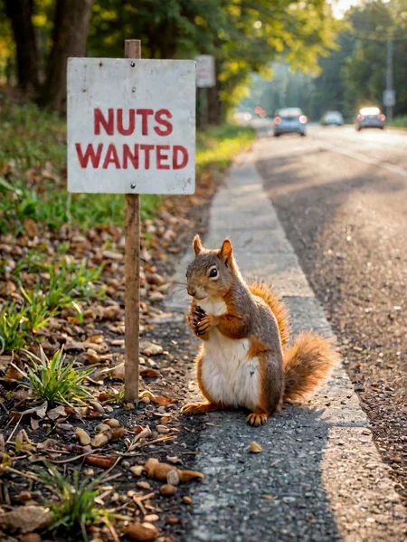 Sony A7, soft lighting.
A squirrel standing on the side of the road with a sign that says "Nuts wanted"
soft watercolor.
