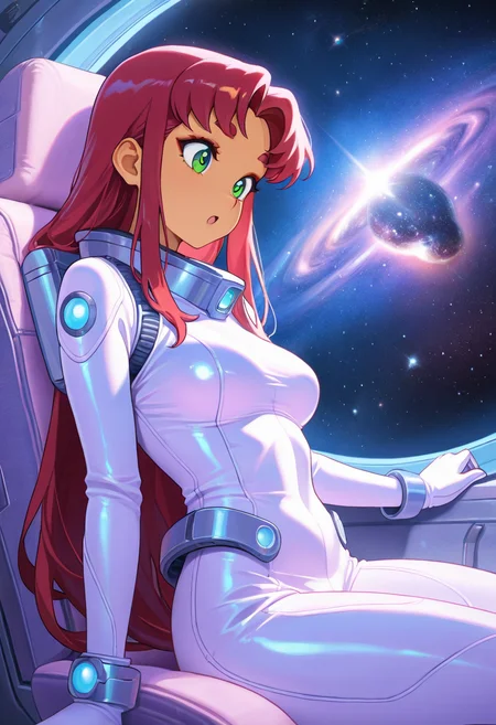 starfire, ultra detailed, masterpiece, best quality, 1girl, solo, adult, indoors, space suit, sitting, seat, windows, futuristic vehicle, space, stars, galaxy, pastel colors, vintage, intricate detailed, finely detailed, amazing detail, from side, smile, :o, awe, shadows, dim lighting, cowboy shot,