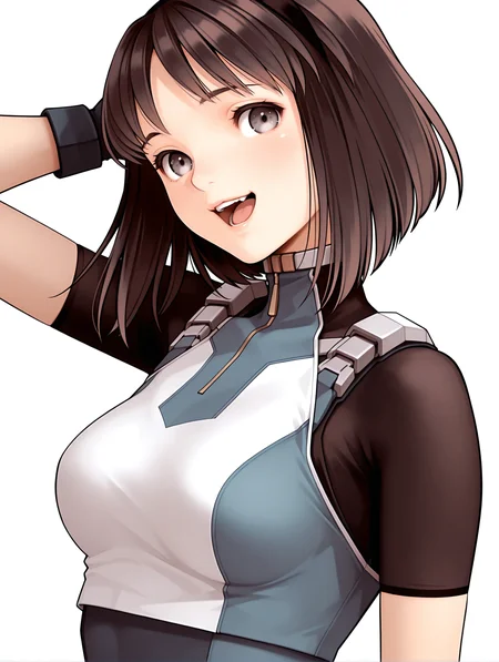 masterpiece,best quality,newest,
1girl,solo,
<lora:nagase_mari_ilxl_v1.0:1>,mari,black hair band,bob_cut,brown hair,grey eyes,
r_suit,turtleneck,skin tight,bodysuit,crop top,short sleeves,fingerless gloves,leotard,<lora:Fixhands_anime_bdsqlsz_V1:1>,looking_at_viewer,cinematic_angle,looking_at_viewer,white_background,simple_background,upper_body,face_focus,laughing,scratching head,gasping,