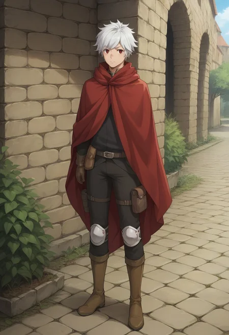 score_9, score_8_up, score_7_up, source_anime, highly detailed,
belcranel, 1boy, male focus, solo, white hair, red eyes, cloak, red cloak, pants, black pants, pouch, holster, knee pads, gloves, brown gloves, boots, brown footwear,
outdoor,