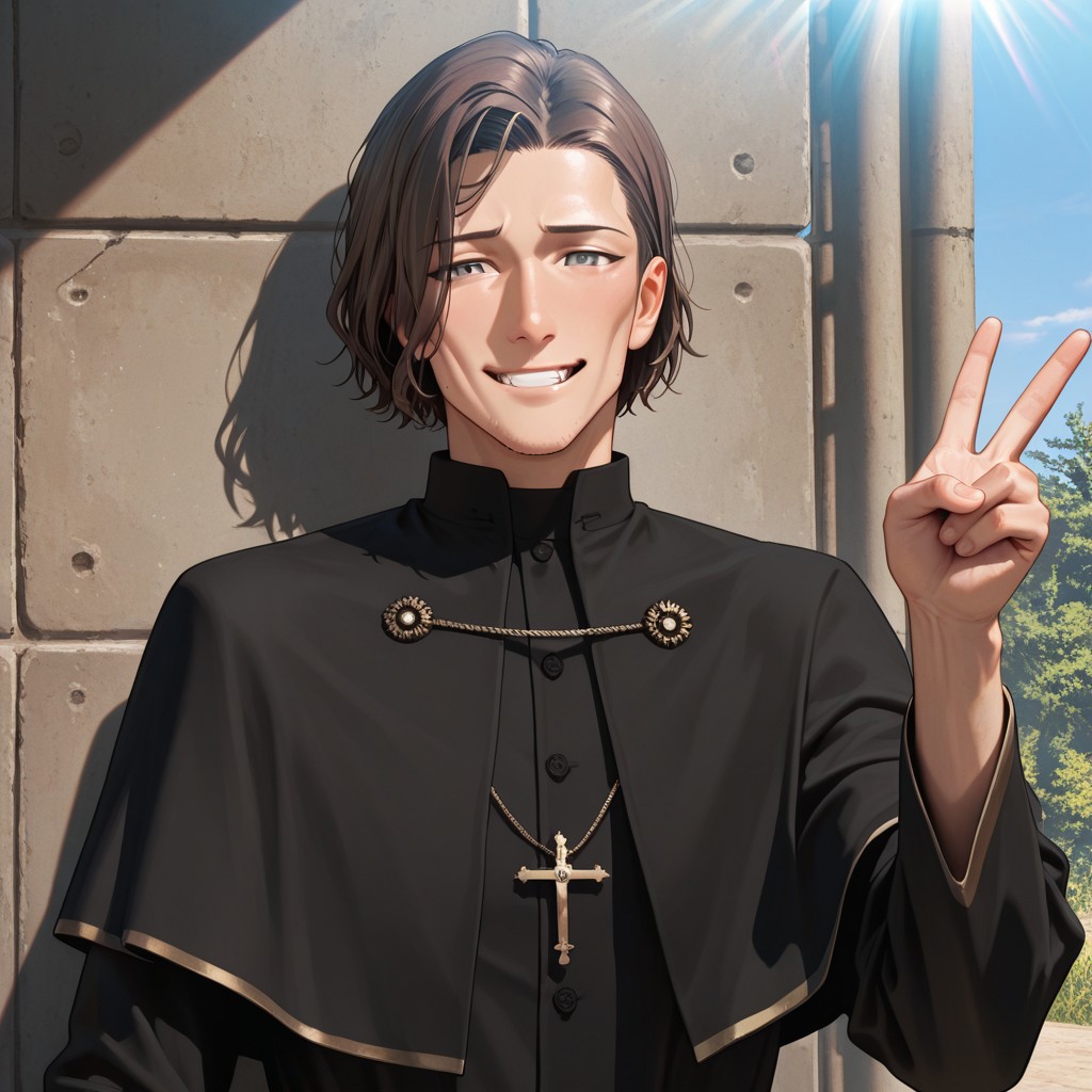 masterpiece, best quality, amazing quality, absurdres, newest, detailed background, definition so sharp, Ultra-HD, 8K cinematic, very awa, impressionate, amazing quality, highres, 
solo, male focus, manly, day, sunbeam, blue sky,
tenkeiiwafune, iwa_brunette, iwa_grey eyes,
1boy, short hair, cheekbones, stubble, priest, black capelet, black robe, 
happy expression, giggling, looking at viewer, v