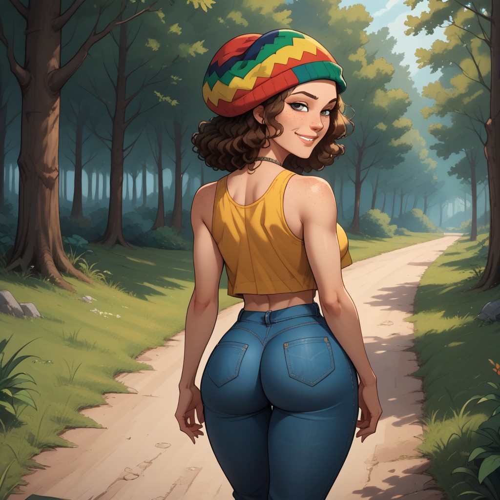 score_9, score_8, BREAK, solo, multicolored jamaican headwear, brown hair, curly hair, freckles, lips, necklace, yellow crop top, navel, brown vest, blue long jeans, flip flops, Total Drama, Laurie_(\Total_Drama\), breasts, sexy pose, self portrait, smile, looking at viewer, cowboy shot, (((from behind, looking back, ass focus, big butt))), outdoors, sunlight, shadows, evening lighting, natural lighting, forest, trees, grass, orange sky, sunset