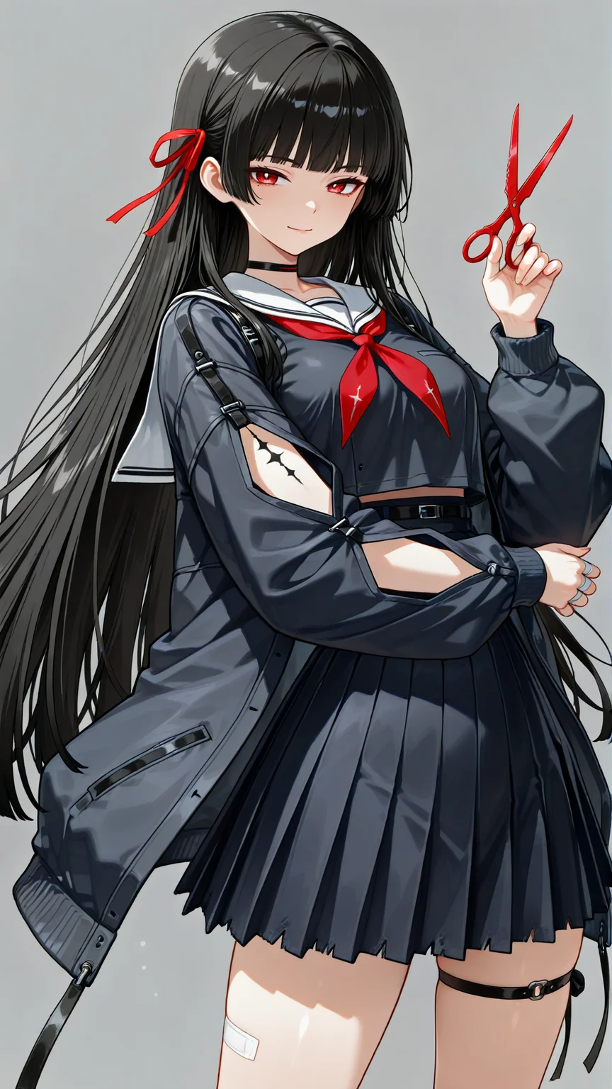 (1girl,solo:1.3),black hair,red eyes,mole_under_eye,hair_ribbon,straight_hair,blunt_bangs,red_ribbon,bandaged_fingers,black_choker,black_jacket,black_serafuku,holding_scissors,red scissors,,smile,white_sailor_collar,red_neckerchief,pleated_skirt,tacet_mark_\(wuthering_waves\),(arm_tattoo),torn_clothes,single thigh_strap,clothing_cutout,white_background,simple_background, 