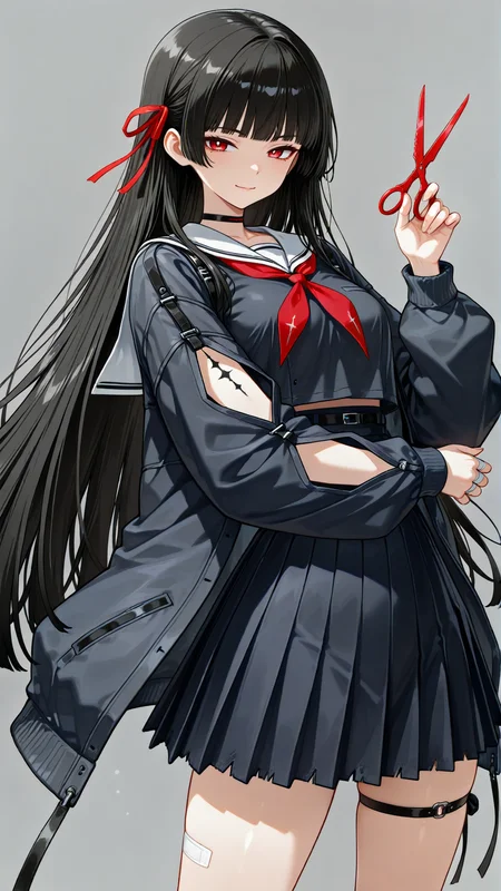 (1girl,solo:1.3),black hair,red eyes,mole_under_eye,hair_ribbon,straight_hair,blunt_bangs,red_ribbon,bandaged_fingers,black_choker,black_jacket,black_serafuku,holding_scissors,red scissors,,smile,white_sailor_collar,red_neckerchief,pleated_skirt,tacet_mark_\(wuthering_waves\),(arm_tattoo),torn_clothes,single thigh_strap,clothing_cutout,white_background,simple_background,