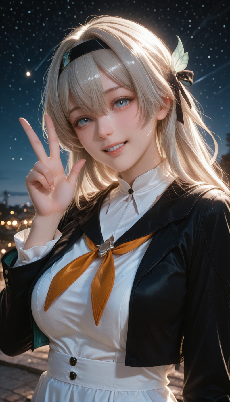 <lora:LCMTurboMix_Euler_A_fix:1> <lora:example_SDXL:0.3>, EZRealPONYXL, <lora:Dramatic Lighting Slider:3> <lora:realistic filter [IL]:1>
DSLR,realistic,cosplay photo, (very awa,masterpiece,best quality,year 2024,newest,absurdres,highres:1), realistic,skin texture,facial features, photography shot with Canon EOS 5D Mark IV , realistic, RAW, best quality, masterpiece, amazing quality, skin details,
1girl, highly detailed beautiful face, large natural breasts,
detailed background, shiny skin, dutch angle, night, moonlight,
beautiful detailed eyes, intricate details, absurdres, anime screencap,
<lora:Hotaru_HonkaiStarRail_ILXL_kill0825:1>
HSHotaru, 1girl, solo, long hair, breasts, looking at viewer, blush, smile, open mouth, blue eyes, shirt, long sleeves, hair ornament, dress, bow, ribbon, hair between eyes, jacket, white shirt, upper body, white hair, grey hair, hair ribbon, multicolored hair, sidelocks, :d, hair bow, outdoors, hairband, teeth, sky, hand up, white dress, black jacket, neckerchief, v, upper teeth only, night, hair intakes, black hairband, star (sky), night sky, cropped jacket, w, yellow neckerchief, shooting star, two-tone eyes, orange neckerchief, blue pupils, crossed bangs, two-sided fabric