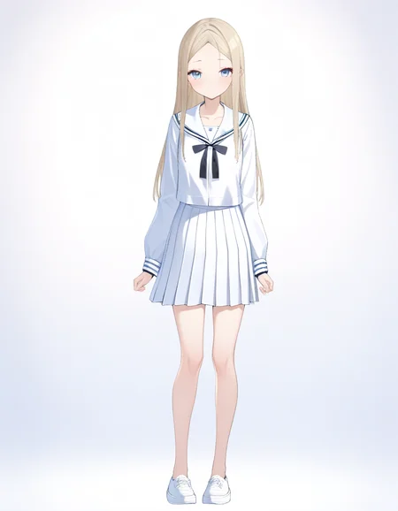 masterpiece, best quality, very aesthetic, absurdres, (white background), studio shot, 1girl, open eyes, poker-faced, looking at viewer, standing, head tilt, full body shot, <lora:morisaki_alesia_yuu_animagineXLV31_Prodigy_2568:1>, morisaki alesia yuu, blonde hair, parted bangs, long hair, small breasts, skinny, yuu' seifuku, white shirt, sailor collared, long sleeves, black bow, narrow bowtie, white skirt, above the knee length skirt, pleated skirt, white sneakers,