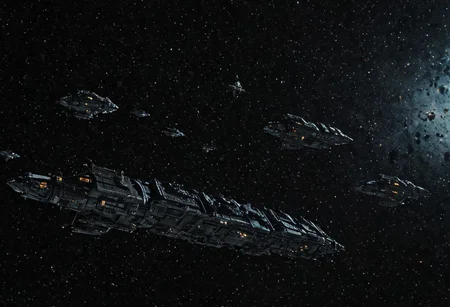 Masterpiece. High quality. Perfect quality. Full body picture from the side of:
Human space fleet traveling through deep space. 
warhammer 40K style
realisticvision-negative-embedding, Movie Still, Film Still, Cinematic, Cinematic Shot, Cinematic Lighting, JuggernautNegative, detailxl.
