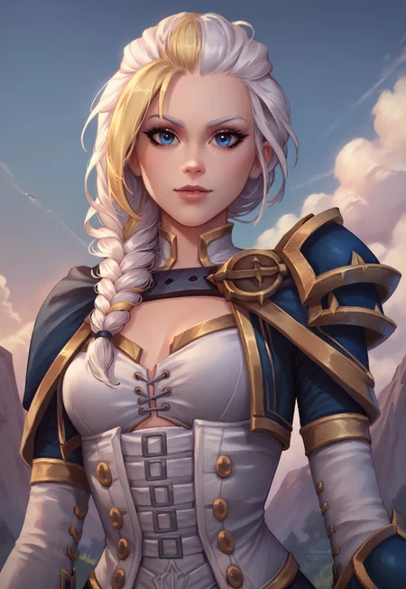 score_9, score_8_up, score_7_up, ultra quality, 1girl, jainaxl, blue eyes, single braid, two-toned hair, white hair, yellow hair, shoulder armor, corset, sleeves, upper body, looking at viewer, outdoors, sky