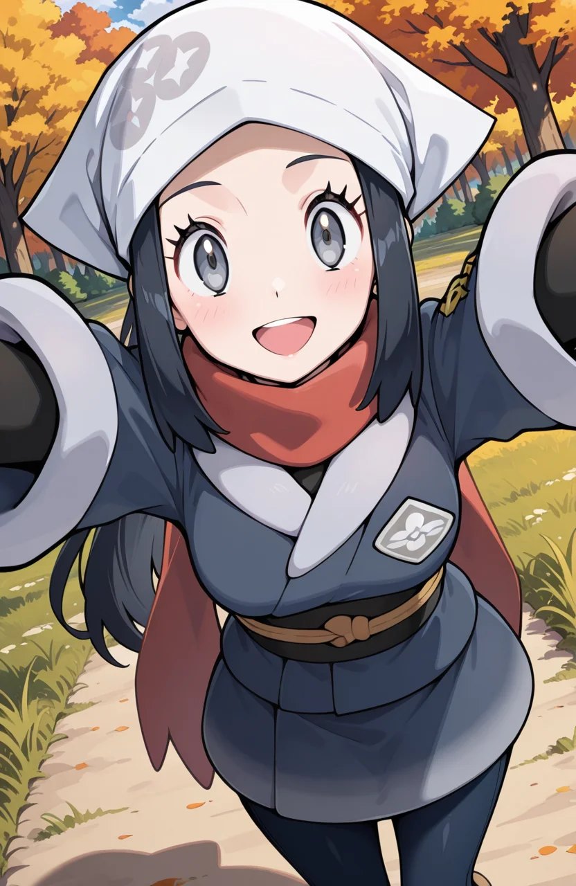masterpiece, best quality, newest, (sugimori ken \(style\):0.5), pokemon screencap, 1girl, <lora:Akari_-_Pokemon_Illustrious:1>, akari, grey eyes, eyelashes, black hair, long hair, head scarf, galaxy expedition team survey corps uniform, scarf, white headwear, pantyhose, sidelocks, jacket, red scarf, sash, skirt, perfect eyes, breast, shiny skin, smile, open mouth, looking at viewer, grass plain, autumn, trees, forest, scenery, erotic, from above, dynamic angle, perfect anatomy
