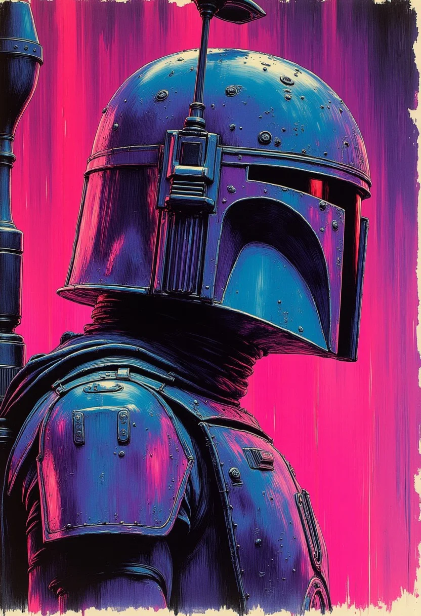 abstract neon ink image in vivid, surreal iridescent colours, side portrait of Boba Fett (source Star Wars movies)