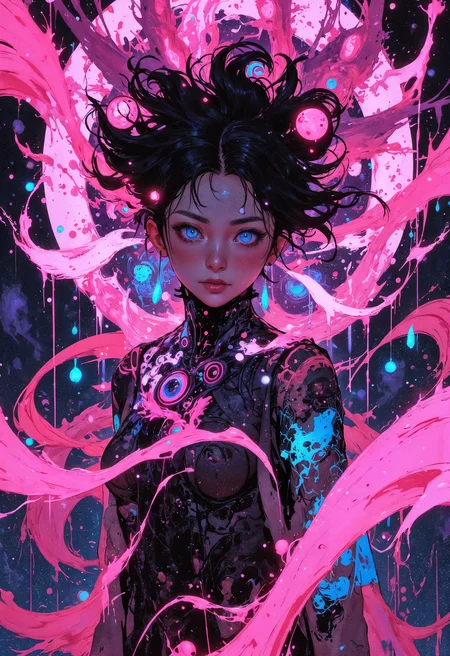 (in Krenz Cushart style:1.2), masterpiece, high-quality, A futuristic calligrapher suspended in midair, ink flowing from her hands to form glowing symbols that shape-shift around her, Her attire resembles flowing neon-infused calligraphy strokes, her gaze is intensely focused as each character takes on a life of its own pulsing with a mystical energy, living ink, neon calligraphy, suspended energy, Stylized anime with luminous ink effects and surreal composition, (elaborate fine details:1.1), (hyperdetailed:1.1), (intricate details:1.0), (Refined details:1.1), (best quality:1.1), (high resolution:1.2), <lora:FLUX\Anime v1.3:0.6> <lora:FLUX\VividlyReal:0.6> <lora:FLUX\FLUX-daubrez-DB4RZ:0.4>