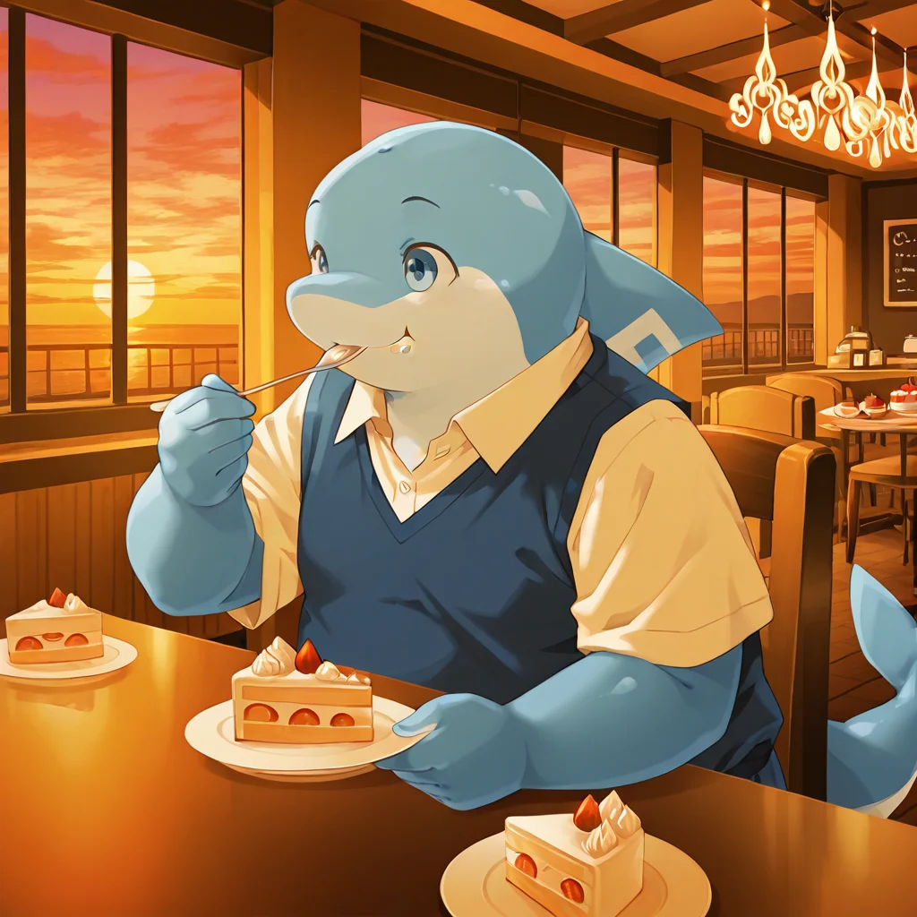 radiant reflections, rich color tones, deep contrast,
ntricate textures, luminous lighting, cinematic ambiance, shimmering gradients, ethereal glow,
best quality, colorful, masterpiece, detailed_background, <lora:noto-v2-10:1> t-noto, dolphin boy, 1boy, chubby,
, male_school_uniform, cafe, sunset, spoon, plate, cake, eating,