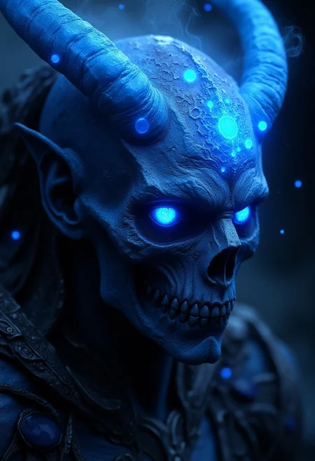 A hyper-detailed, dark fantasy portrait of a creature with a biomorphic neural network, Voronoi, and fractal style organic texture. The creature has a large, glowing eye and sharp teeth. The background is dark, with a few glowing blue thunder lights. The overall image has a visual impact and an unnatural color palette.Small, illuminated circular lights float around his skull, giving him an ethereal, mysterious aura. The glowing runes on his bones pulse with energy, radiating a dark power. Atmospheric haze surrounds the scene, heightening the contrast between the deep blacks of the background and the vibrant neon lights. The intense aura swirling around him feels ready to explode with necromantic energy, creating a striking visual of raw emotion and supernatural power in this eerie, sci-fi fantasy setting.