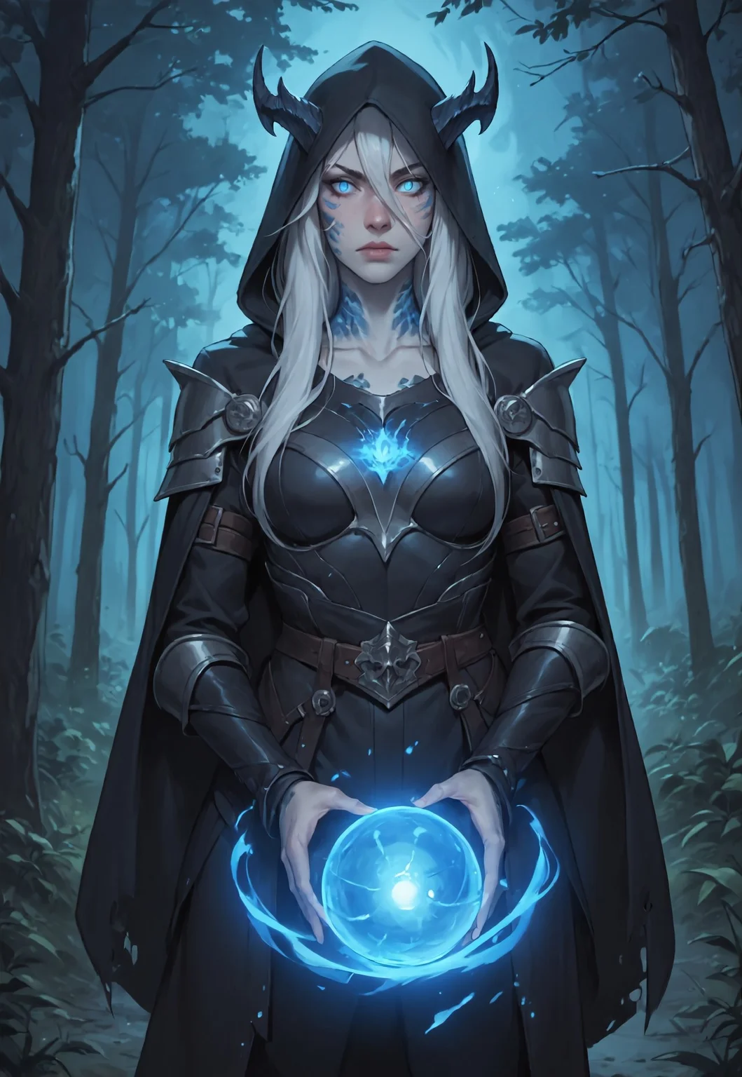 ((zPDXL3)), score_9, score_8_up, score_7_up, score_6_up, score_5_up, score_4_up,
1girl, solo, Adult Woman, Slender Build, pale skin, very-long hair, wild hair, hair between eyes, looking at viewer, pale blue eyes, slit pupils, black pupils, plain expression, medium breast, white hair, (extremely detailed face and eyes), closed mouth, collarbone, outdoors, tree, night, nature, leather armor, forest, in tree, hood, fur cloak, horns, neck scales, shoulder scales, casting spell, blue energy, blue ball, glowing blue fire, blue scales, black dragon, dragon girl,