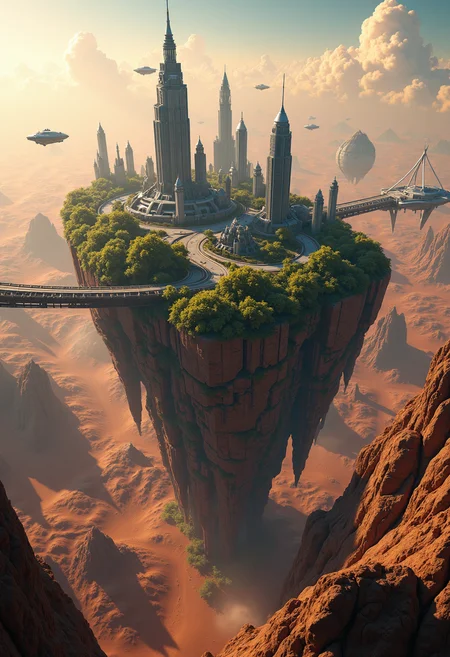 photorealistic,highly detailed,islands floating in space,covered by shimmering force field,orbiting mars,different altitudes,land bridges,lush foliage,towering futuristic,skyscrapers,shuttles flying down to the planet,sci-fi,magical,8k,unreal engine,octane render,ray tracingThe islands are positioned at varying altitudes and interconnected by expansive land bridges.,<lora:Flux_Detailer_v3:0.8>,Jeddtlv3,