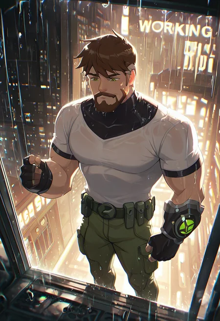 masterpiece, best quality, amazing quality, very aesthetic, absurdres, newest,,
ben10k, brown hair, male focus, facial hair, beard, short hair, mustache, mature male, muscular, green eyes, white shirt, green cargo pants, utility belt, turtle neck, full facial hair,, two-tone hair, black gauntlet on right arm, fingerless gloves, strip on shirt,
in the gym, working out, raining outdoors, dark city, no light, futuristic city, window view, big window, raindrops, condensation on window, working out, from above,
