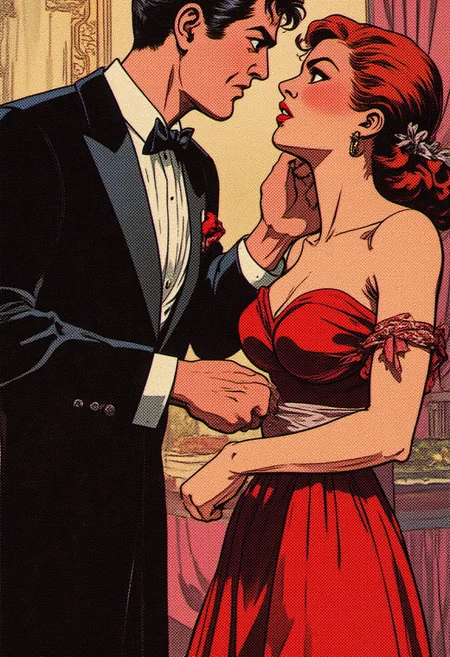 intricated details, (funny: 1.2), a man is touching a woman's boobs with one hand, and the woman is super furious about it. Her face is more red than a tomato. The man wears a tuxedo and the woman wears a long dress.